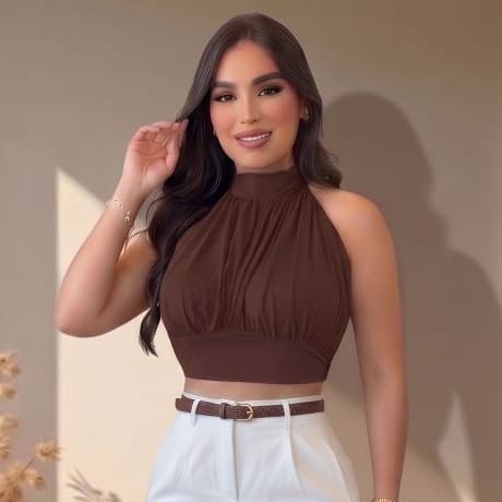 Blusa Cropped Feminino Frente Única Franzida Gola Alta Decote Costas Nuas Look Elegante Blogueira Com Bojo