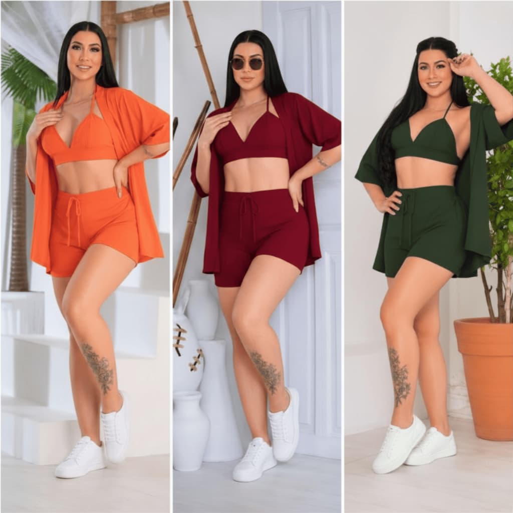 Conjunto Kimono 3 Peças Feminino Short e Cropped com Bojo Duna Não Amassa