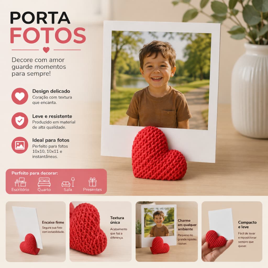 Porta Foto Coração 3D Decorativo – Suporte para Fotos e Polaroid | Presente Criativo e Romântico