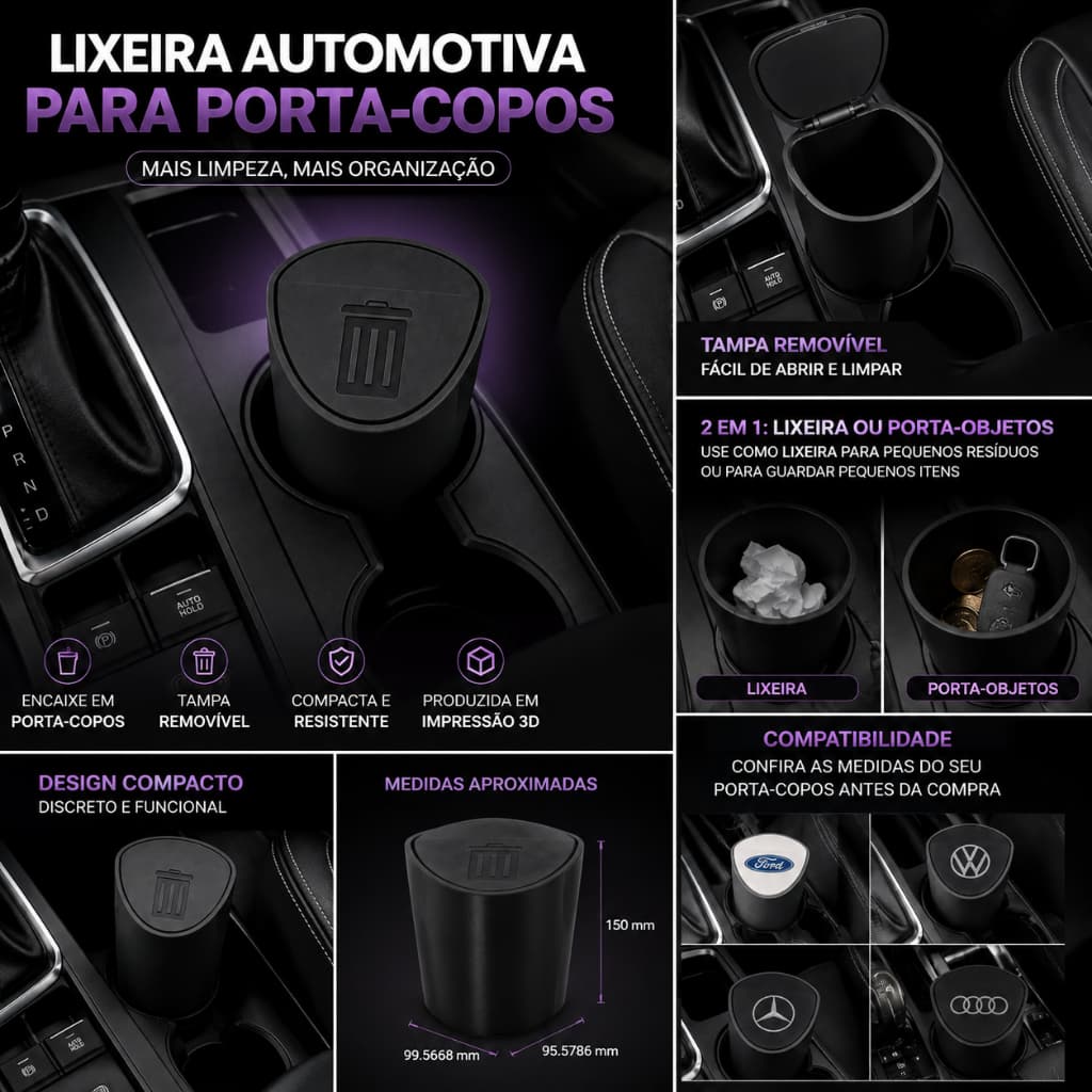 Lixeira Automotiva para Porta-Copos com Tampa | Porta-Lixo e Organizador para Carro | Impressão 3D