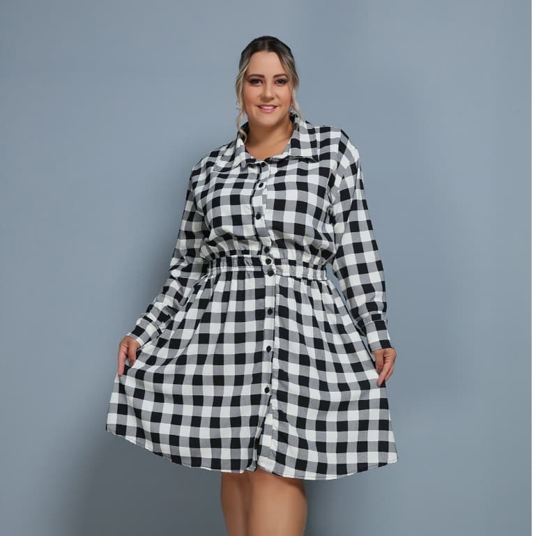 Vestido Curto Plus Size Xadrez Manga Longa Bufante/COD:V61