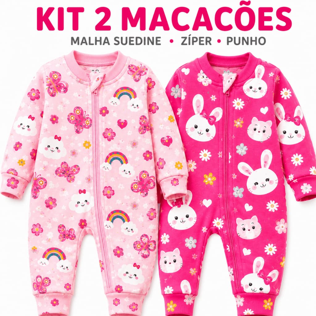 Kit 2 Macacão Bebê Menina 100% Algodão Zíper Suedine Manga Longa Vira Pé Recém Nascido Enxoval Maternidade P M G