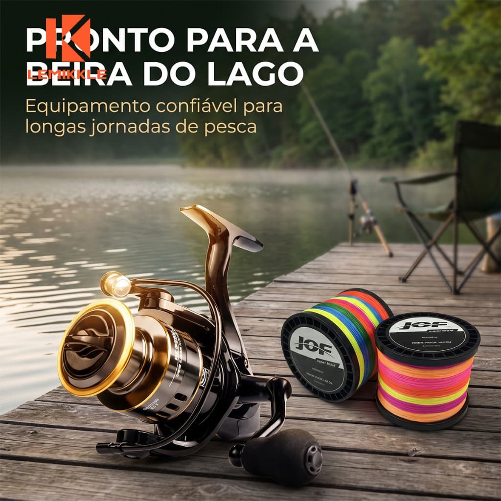 LEMIKKLE - Molinete HE‑7000 Carretel Metálico + PE 8 Fios, Conjunto Completo Para Pesca de Grandes Peixes,  Tucunaré