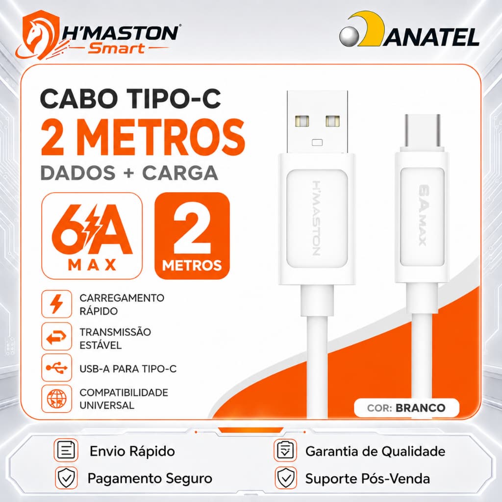 H'MASTON HB17-3 Cabo Usb Tipo c Turbo Cabo Tipo c Turbo Cabo Tipo c 2 Metros Cabo Carregador Tipo c Cabo Usb c 2 Metros