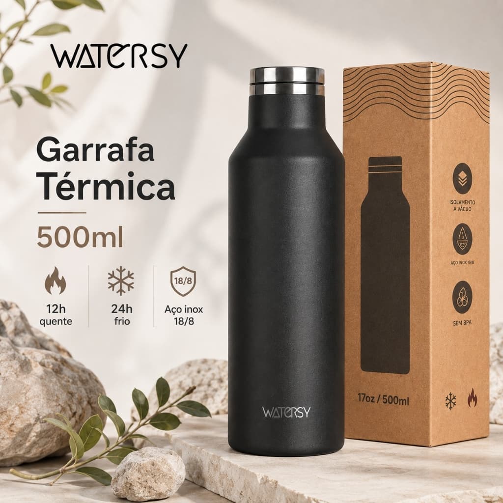 WATERSY Garrafa Térmica 350/500ml Inox 304 Sem BPA 12h Quente 24h Frio Presente