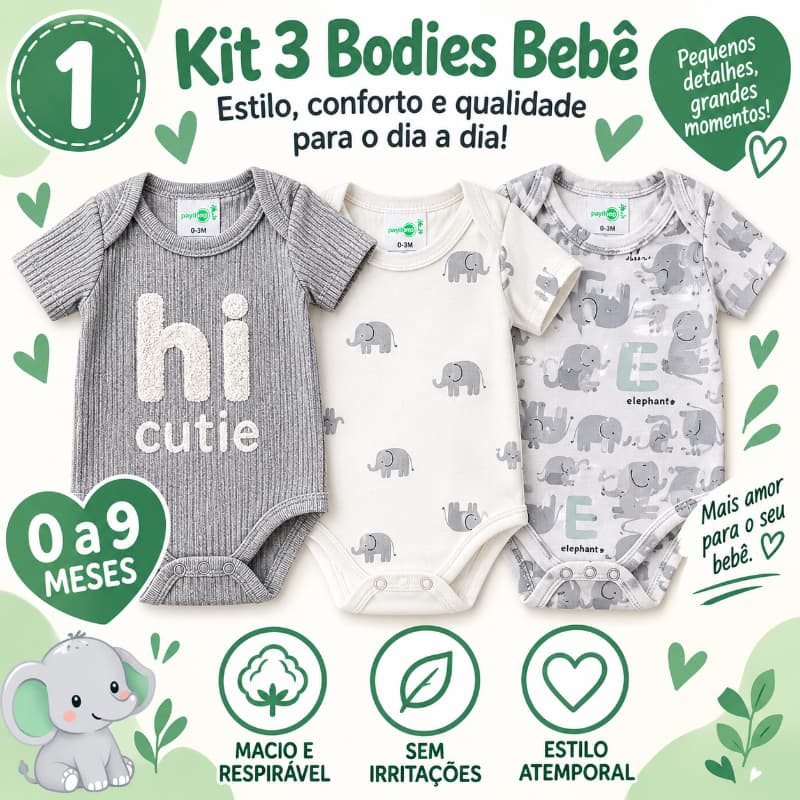 Kit 3 Bodies Bebê Menino Manga Curta Algodão Body Infantil Recém-Nascido 0 a 9 Meses