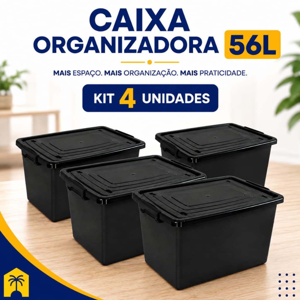 Kit Jogo 4 Caixas Cesto 56 Litros Caixa Organizadora Multiuso Pretas Com Tampa e Trava Organizador