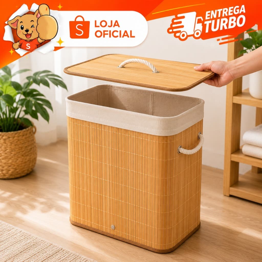 Cesto Organizador de Bambu para Roupas e Lavanderia com Tampa e Alças