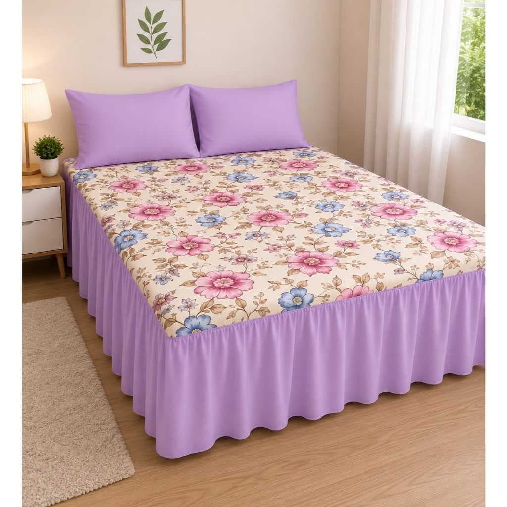 Lençol Casal com Saia Estampado Floral Rosa – COLCHA de Cama Elegante e Confortável