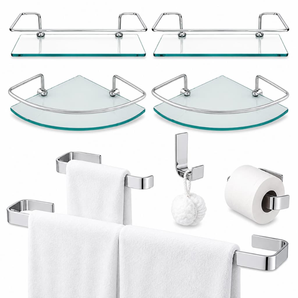 Kit Acessórios Banheiro Inox 4 Peças Cromado+Porta Shampoo Prateleira Organizador Vidro Reto e Canto