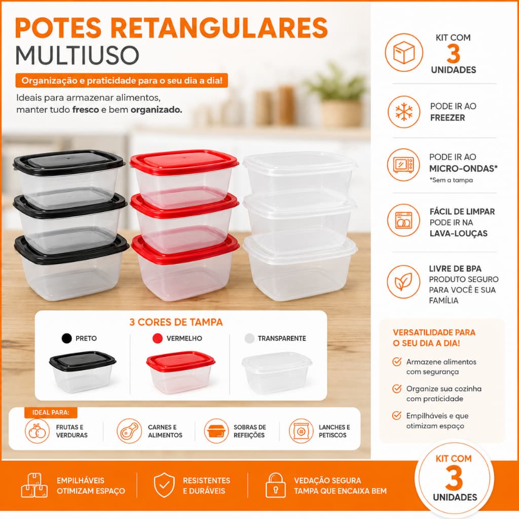 Kit 3 Potes Retangulares Organizadores de Alimentos com Tampa – Preto, Vermelho ou Transparente