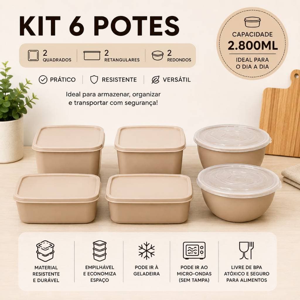 Jogo 6 Potes Plásticos Organizadores 2 Quadrados 2 Redondos 2 Retangulares