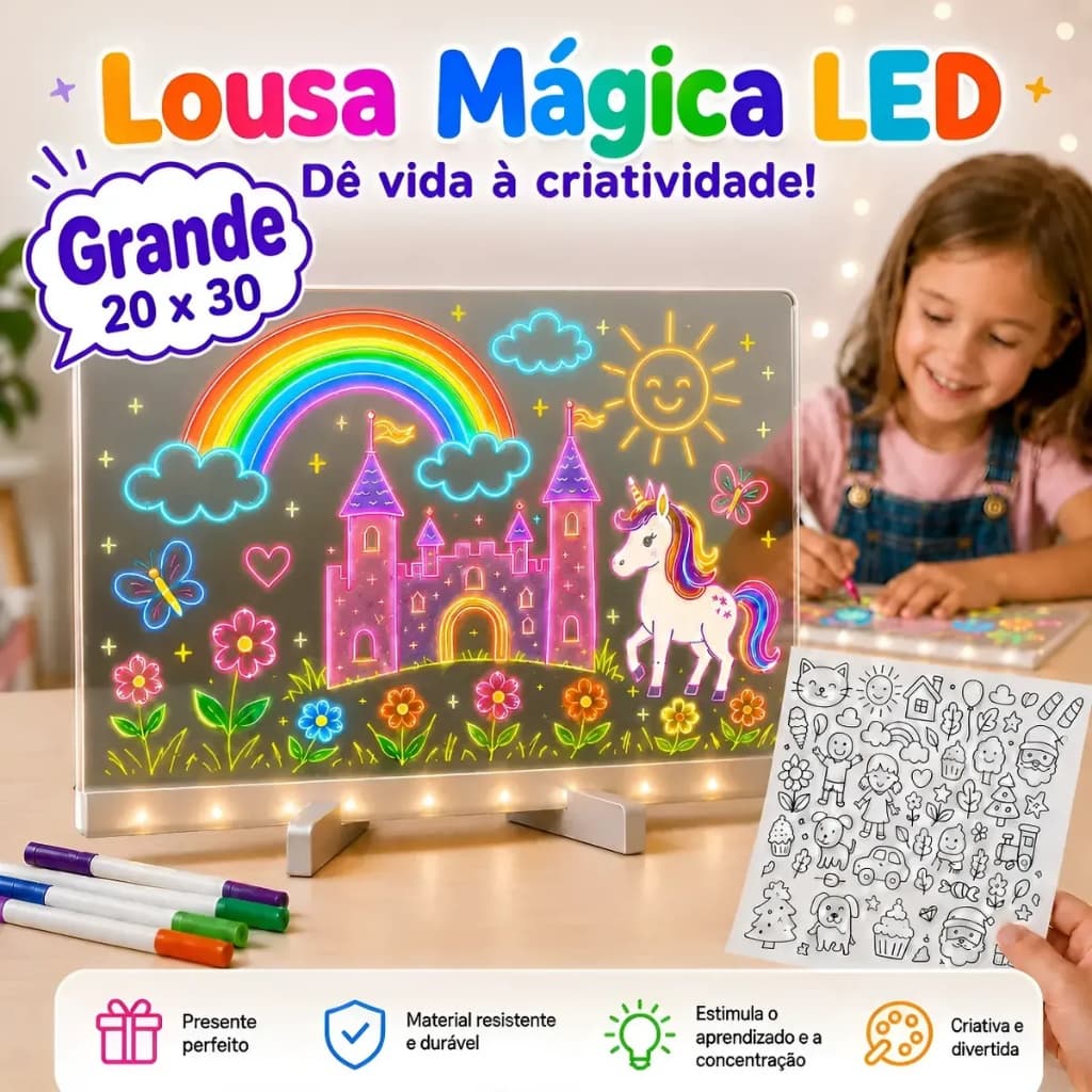Lousa Led Neon Mágica Infantil Luz Led 3d com Ilustração Para Colorir Canetinhas Coloridas Brinquedo Crianças