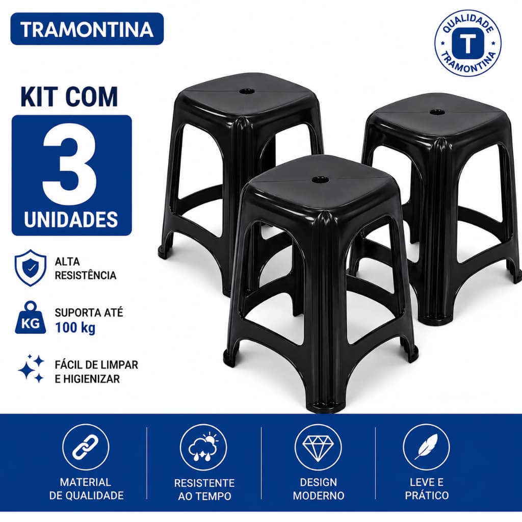 3 Banco Plástico Banqueta Eco Niteroi Resistente Tramontina