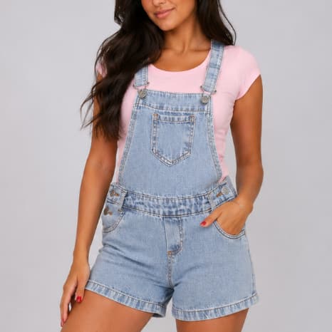 Jardineira short marmorizada macaquinho jeans juvenil do 10 ao 16 premium