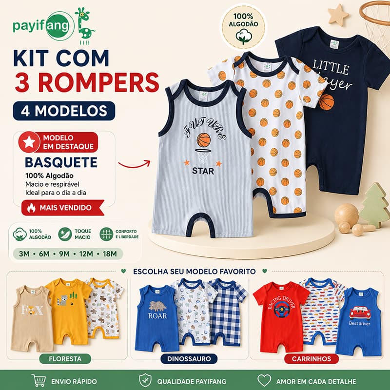 Payifang Kit de Roupa para Bebê Menino com 3 Macacões Curtos Estampados 100% Algodão Verão