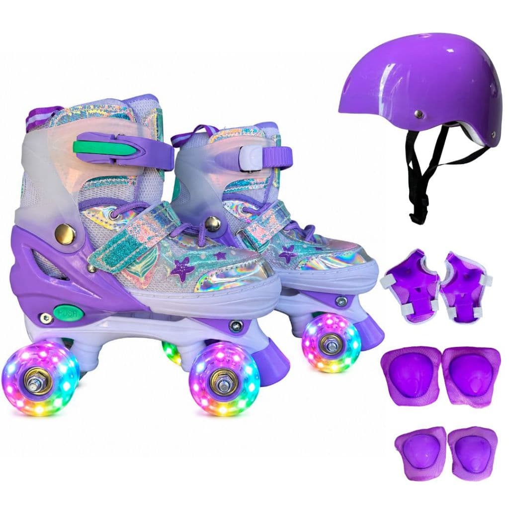 Patins Lançamento Quad Estrela do Mar Holográfico Com Led + Bolsa + KIT PROTEÇÃO
