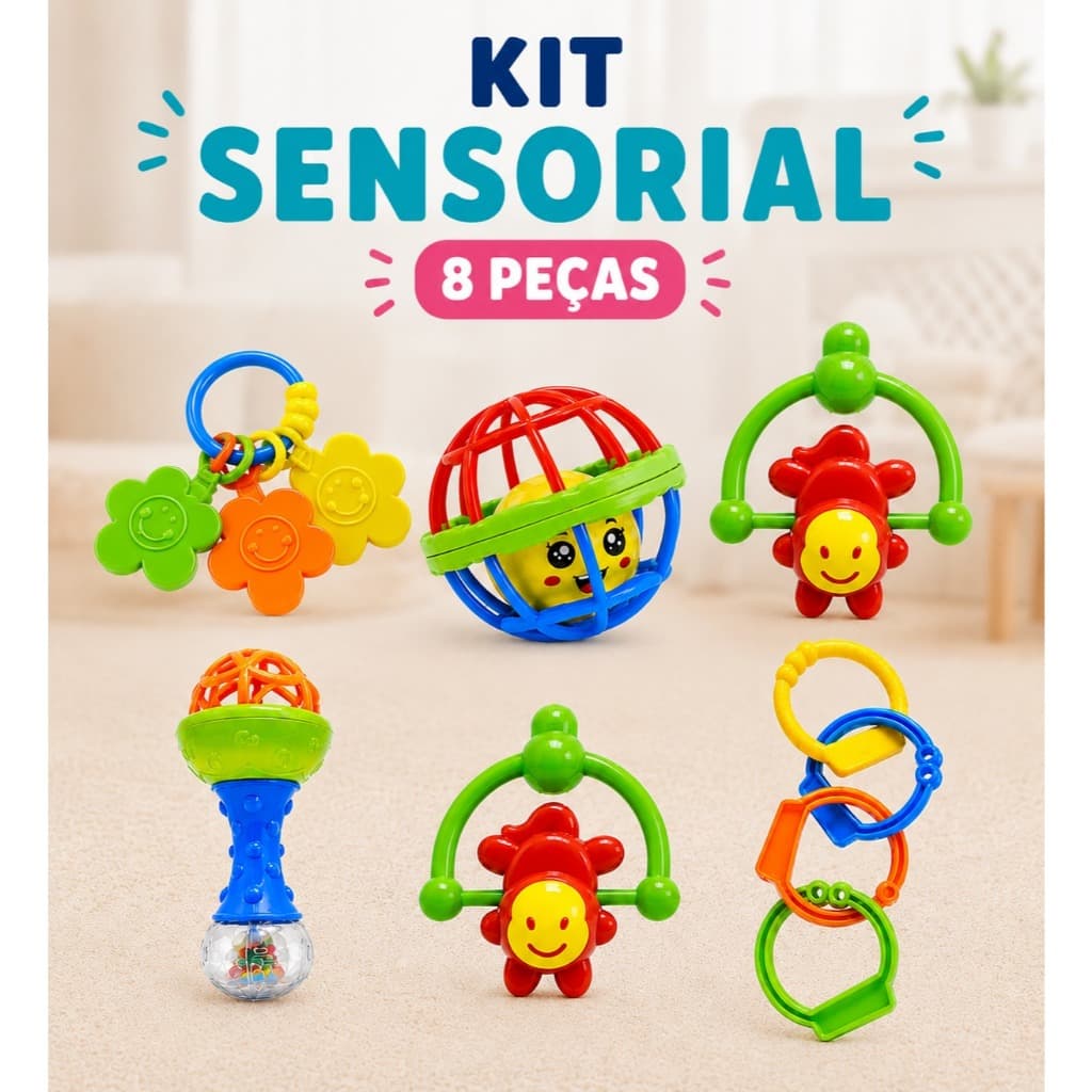 Kit de Chocalhos 8 Peças Bebê Mordedor Brinquedo Sensorial