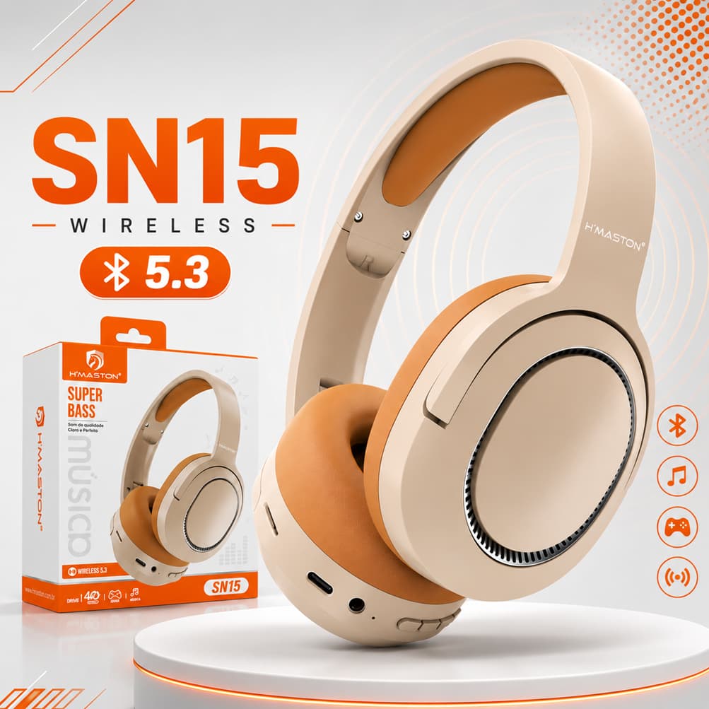 Fone de Ouvido Sem Fio Bluetooth Headphone Over Ear Bluetooth 5.3 Microfone HD Super Bass Android Iphone H'Maston SN15