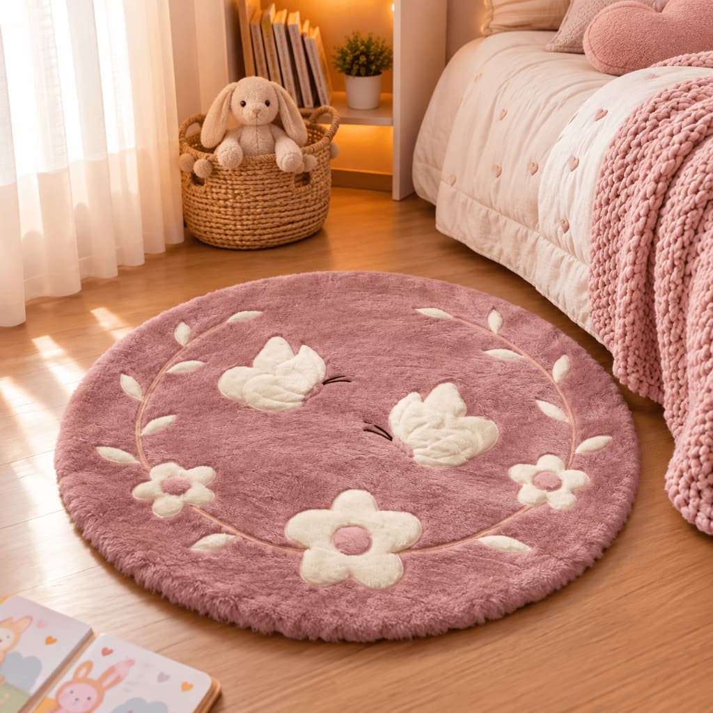 Tapete Borboleta Rose Com Flor Quarto Menina Antiderrapante