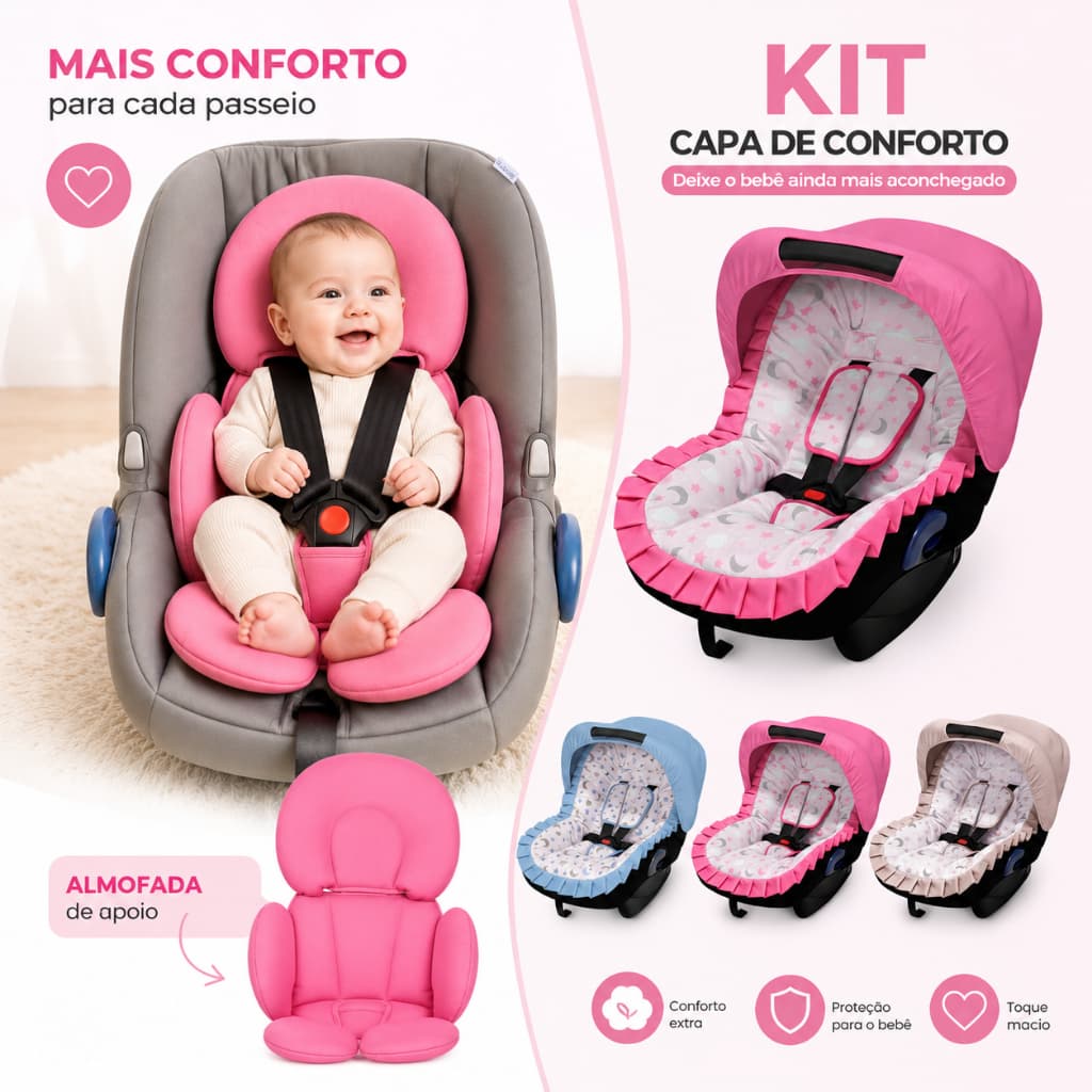 Kit Bebê Conforto Capa + Apoio Redutor Acolchoado + Protetor de Cinto + Capota 100% Algodão