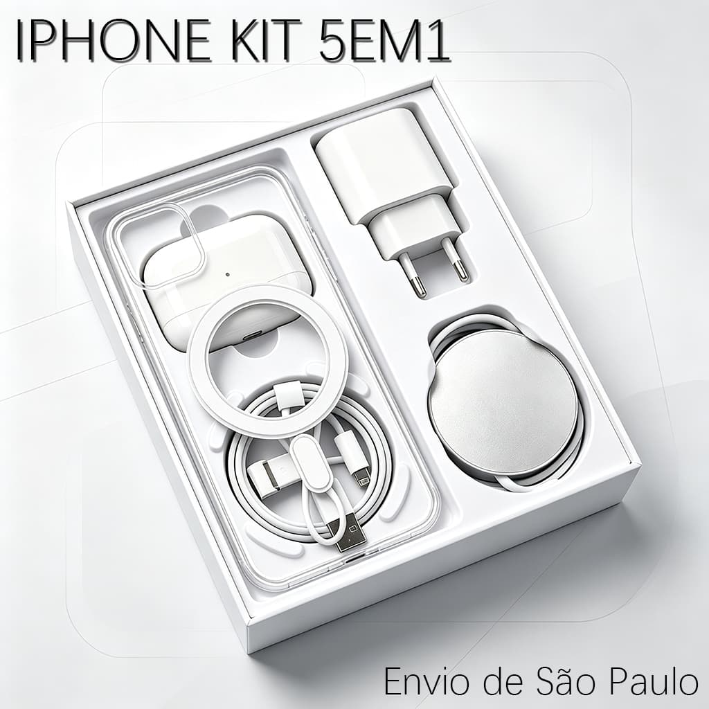 2026 Kit 5 em 1 para iPhone 11/12/13/14/15/16 Pro com Capa Cabo PD Fast Charger Carregador sem Fio e Bluetooth Headset