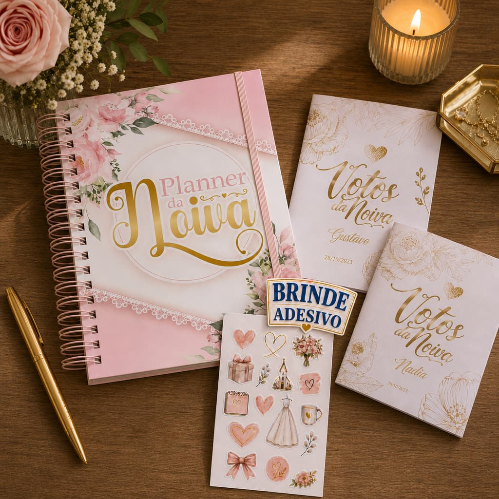 Planner da Noiva Agenda Casamento 216 Páginas Personalizado Checklist Organização Planejamento A5 com 10 adesivo no tema
