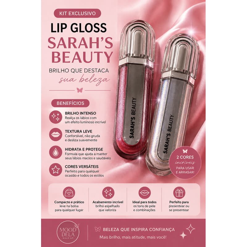 Lip Gloss Sarah’s Beauty | Gloss Labial Brilho Intenso | kit 2 Gloss