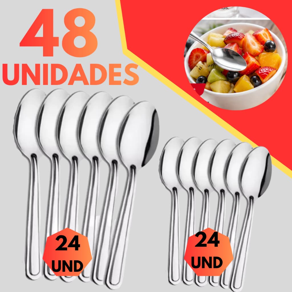 Kit 48 ou 24 Talheres Colheres de Sobremesa e Chá Inox Mesa Posta, Festa, Confeitaria, Café, Cozinha