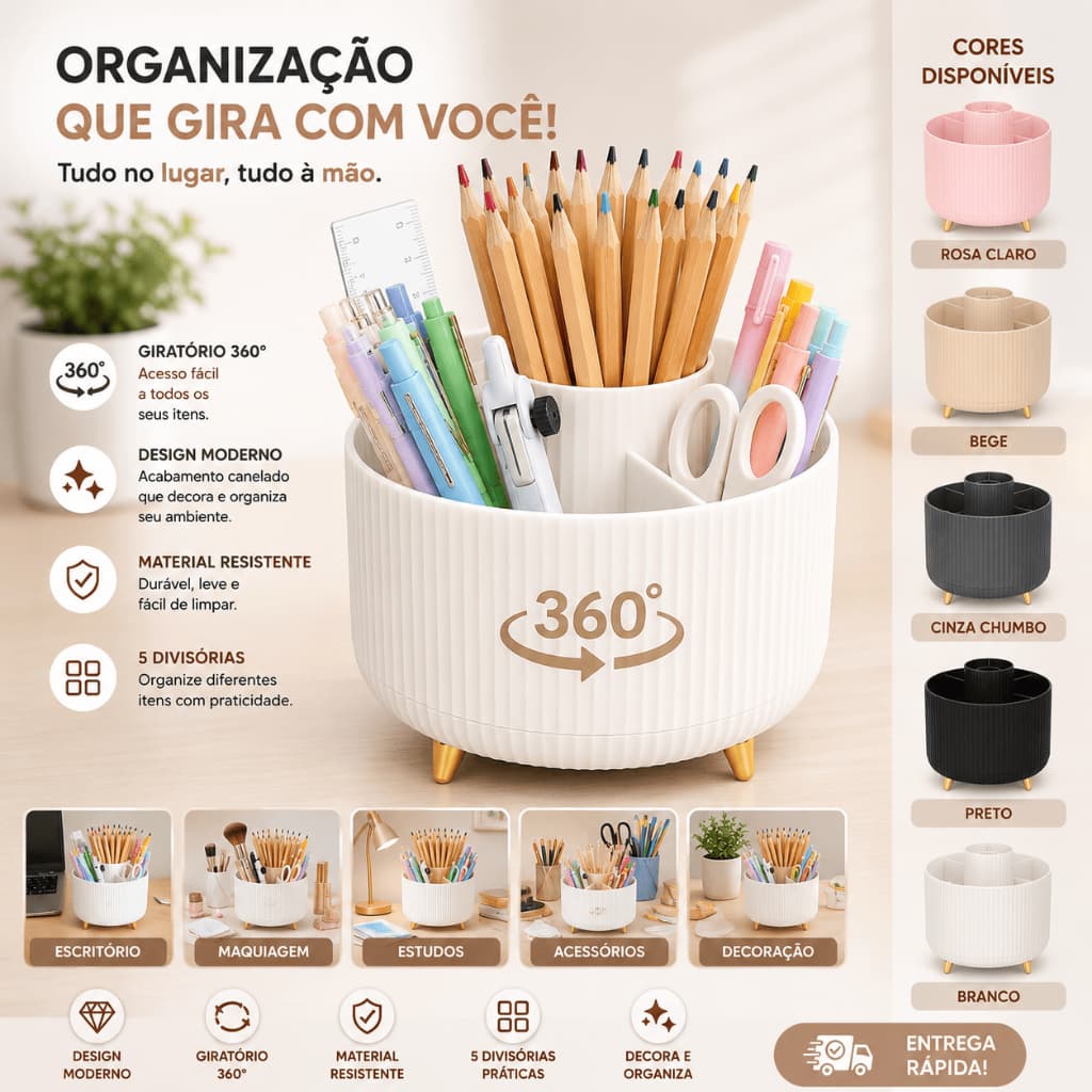 Organizador de Mesa Giratório Porta Canetas Lápis Escritório Escola Maquiagem