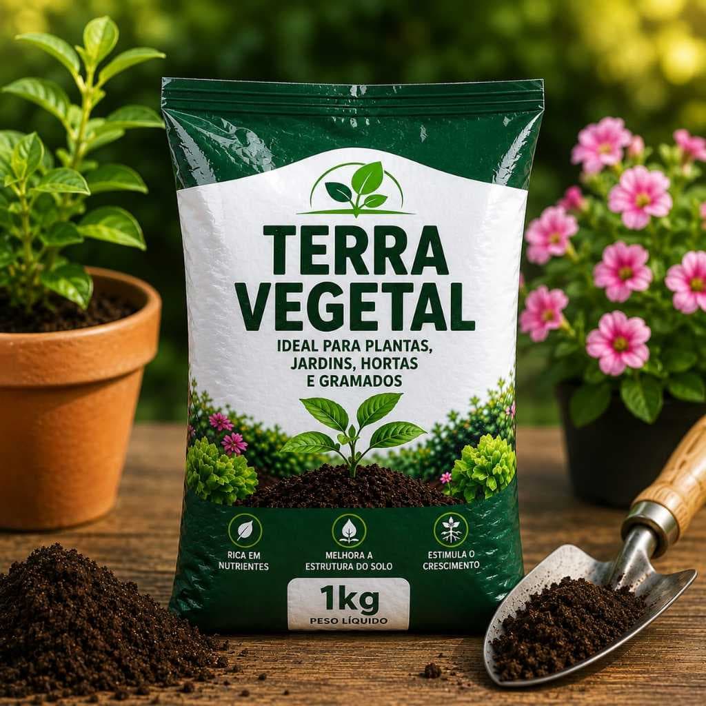 Terra Vegetal 1kg Adubada para Plantas, Vasos, Hortas, Jardins, Flores e Frutíferas