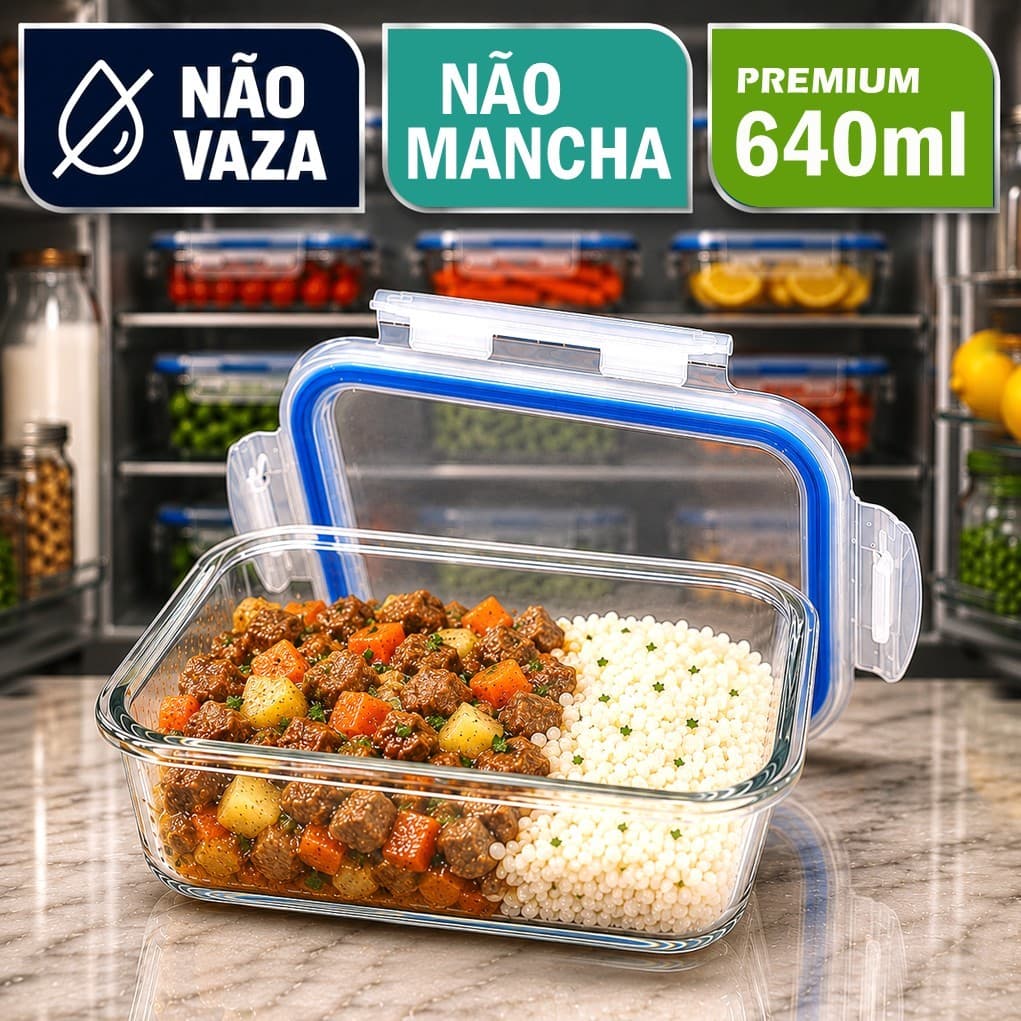 Pote Vidro Premium 640ml Hermético • Não Vaza, 4 Travas • Microondas Forno Freezer • Marmita Fitness