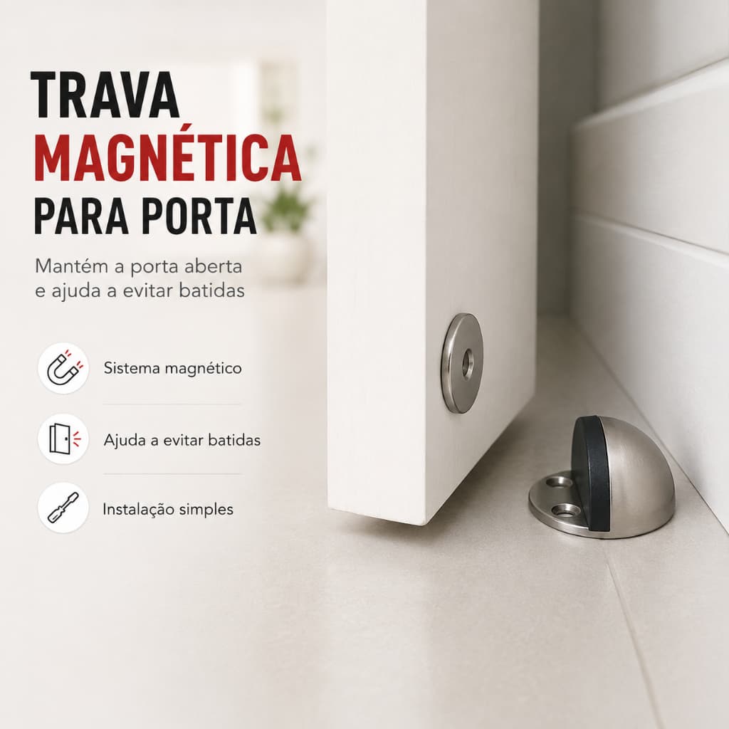 Prendedor de Porta Magnético Inox Trava Batente de Piso Fixador Anti Impacto com Ímã