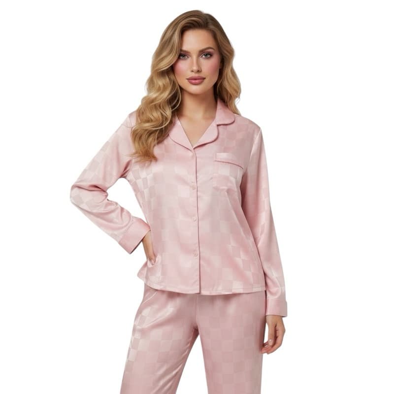 Pijama Feminino Rosa Xadrez Cetim Premium Manga Longa e calça americano, confortável Pronta entrega no Brasil