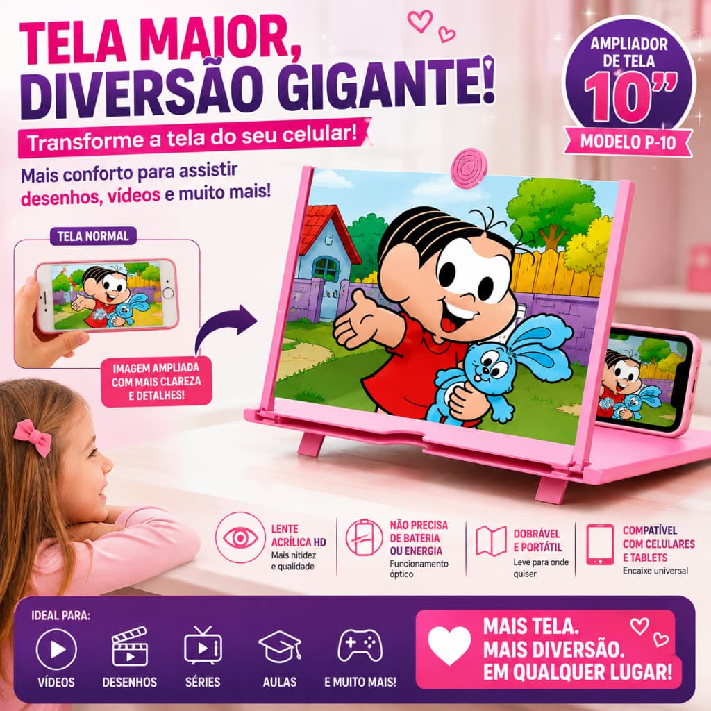 Lente Lupa Tela Maior Ampliadora Zoom 3D Óptico em 10 Polegadas para Celular e Tablet Dobrável Portátil Zoom HD