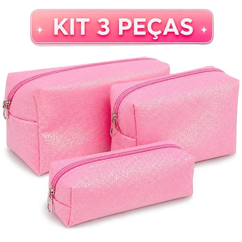 Kit 3 Necessaires Femininas Rosa Glitter para Maquiagem Organizadora de Viagem