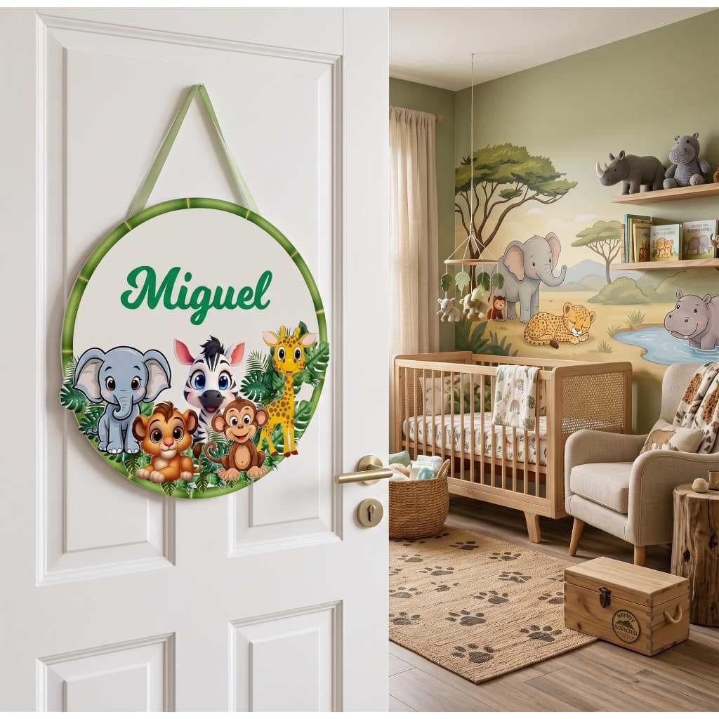 Enfeite Porta Maternidade Safari Placa MDF Nome Bebê Personalizado