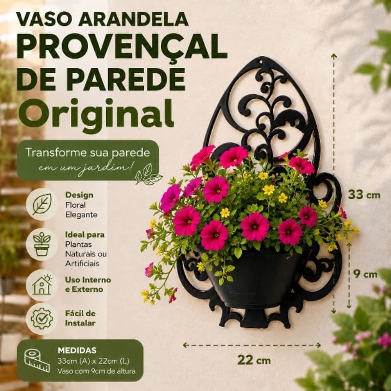 Kit 6 Vasos de Parede Plásticos Arandela Provençal 33cm com Suporte para Plantas e Jardim Vertical
