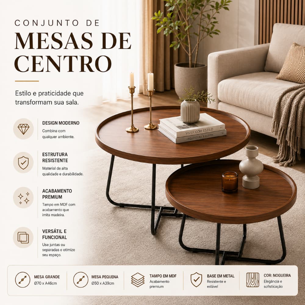 Conjunto 2 Mesas de Centro Redondas para Sala, Mesa Lateral/Apoio, MDF Amadeirado, Estrutura Metal, Nogueira