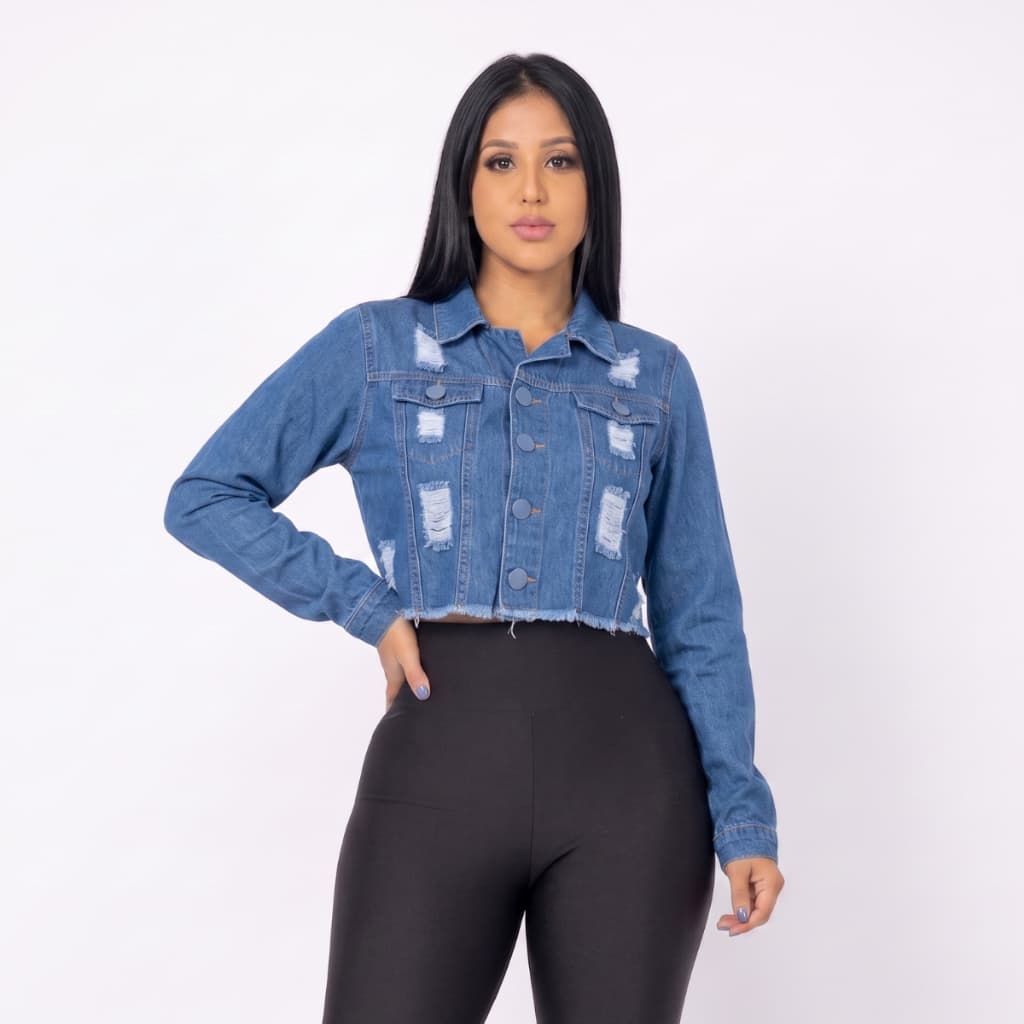Jaqueta Jeans Feminina Cropped Rasgada Destroyed Barra Desfiada Premium tendência modinha blogueira