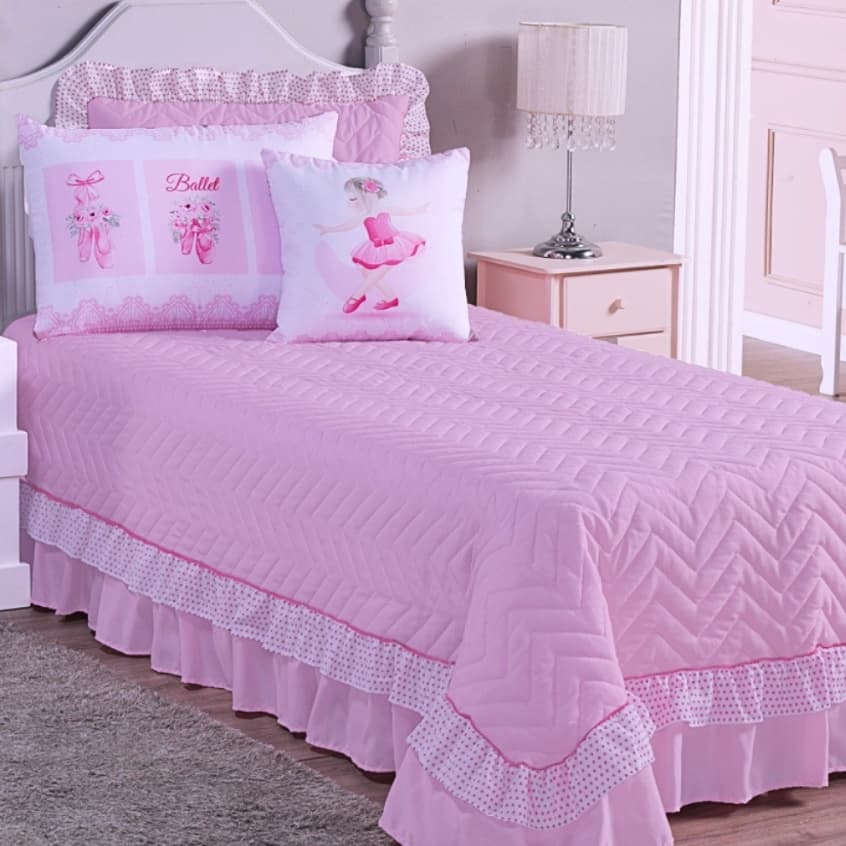 Cobre Leito Bailarina Ballet Infantil Rosa Menina Matelassê Kit Cama Princesa Quarto Feminino solteiro e Queen