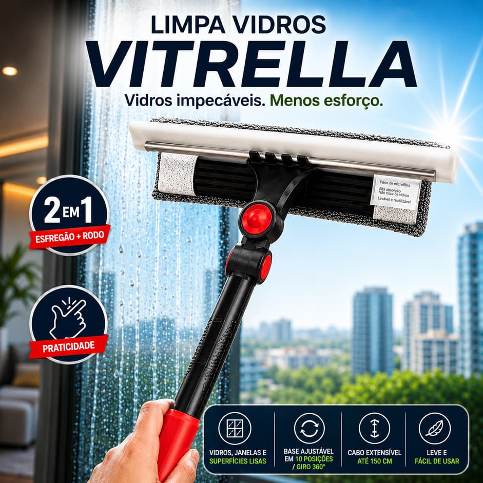 Rodo Esfregão Limpa Vidros 2 em 1 VITRELLA Multiuso para Janela Box Espelho
