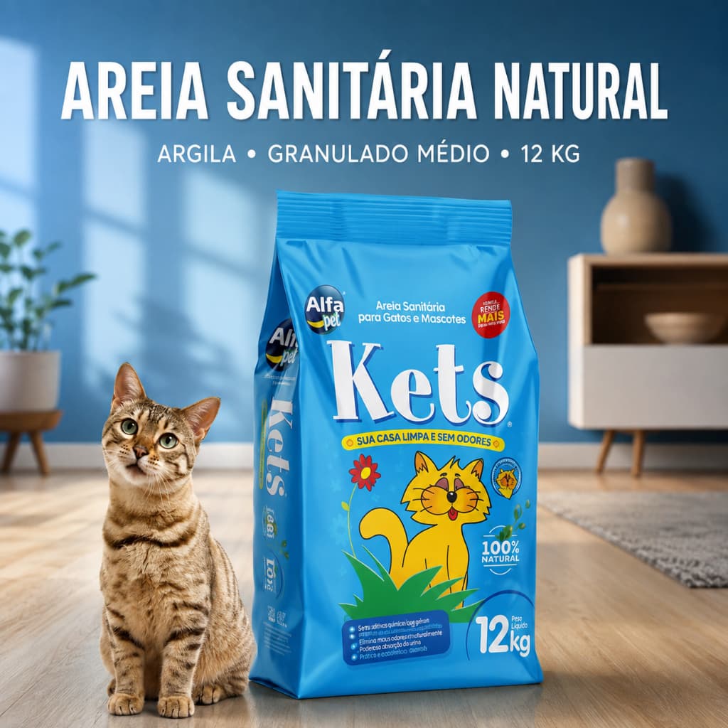Areia Sanitária Kets 12kg para Gatos Argila Natural Granulado Médio Alta Absorção