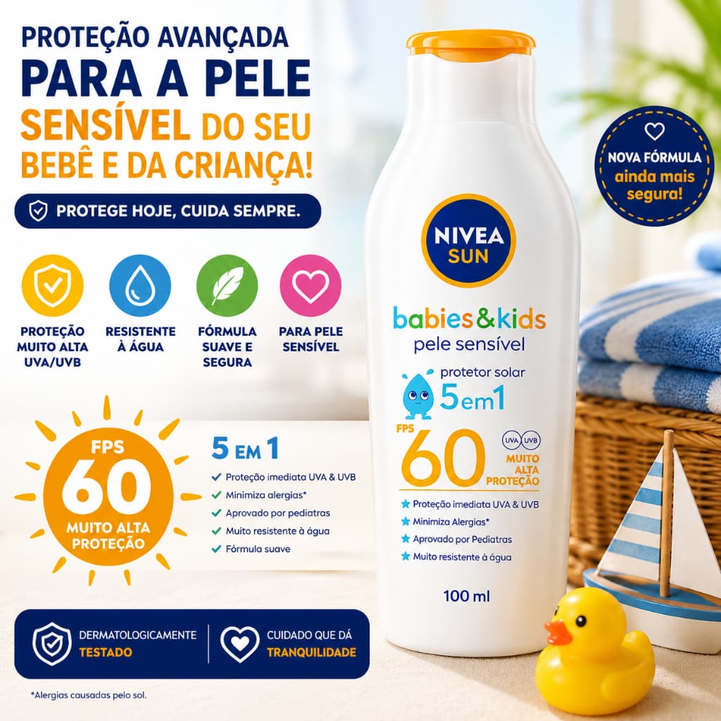 Protetor Solar Nivea Sun Babies & Kids FPS 60 100ml Pele Sensível Infantil