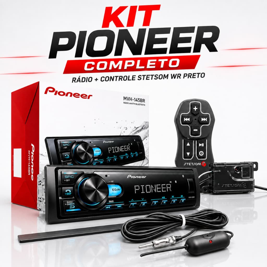 Kit Pioneer MVH-S145Br Aparelho Toca MP3 Player Automotivo Bluetooth Usb RCA Radio Fm com Antena