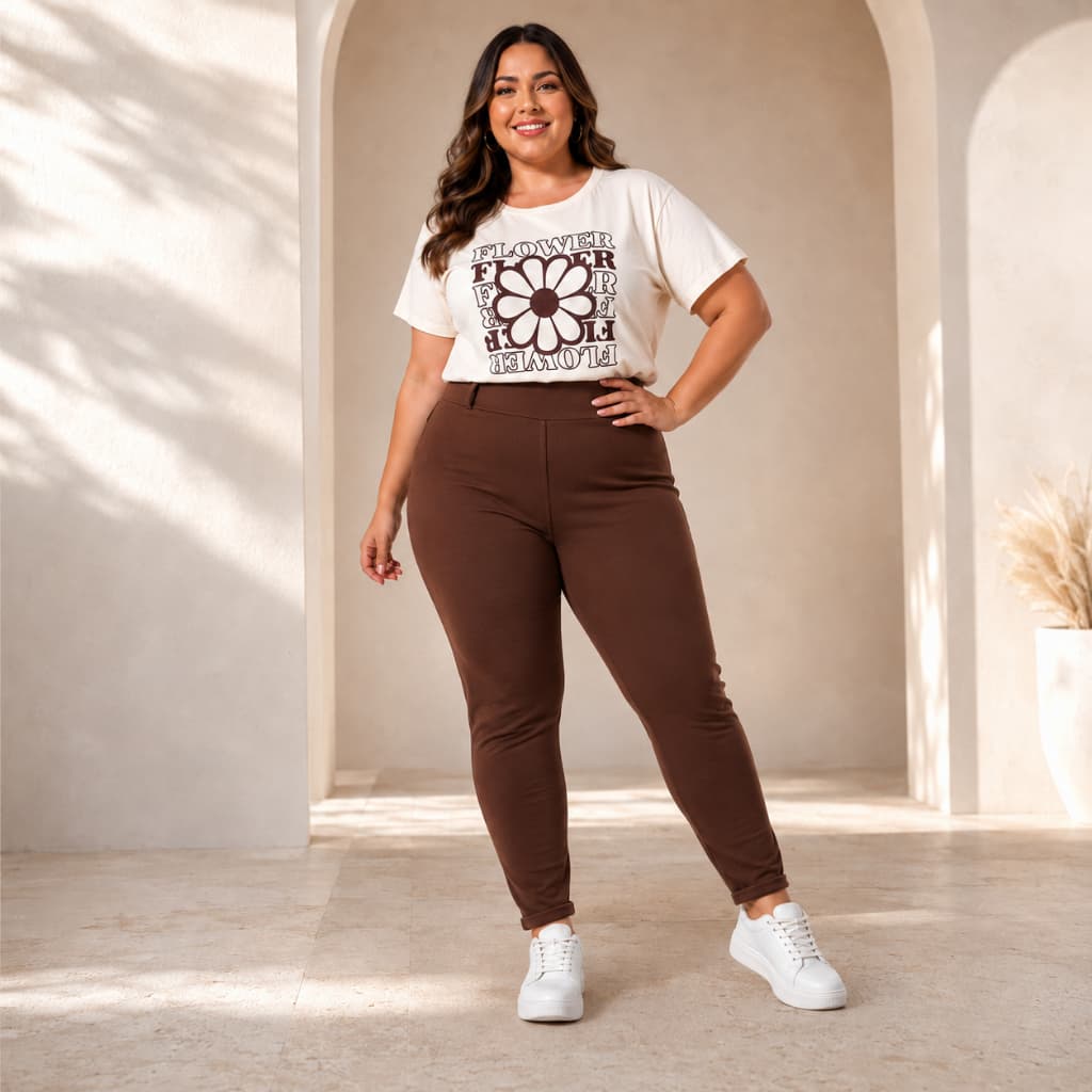 Conjunto Calça Malha Crepe e Blusa Algodão Plus Size 46 ao 56 Moderno Casual