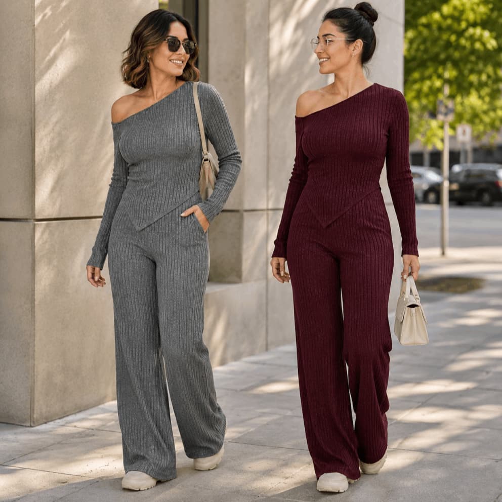 Conjunto Feminino Elegante Blusa Assimétrica e Calça Pantalona de Lã Canelada Casual Social Conforto Inverno Frio