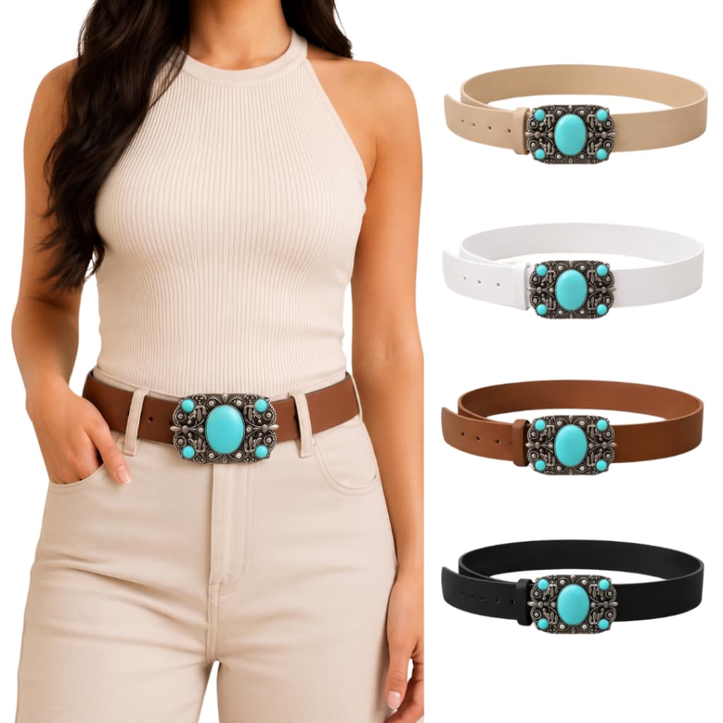 Cinto Largo Feminino em Couro PU com Fivela Prateada e Pedra Turquesa Estilo Boho Chic Country