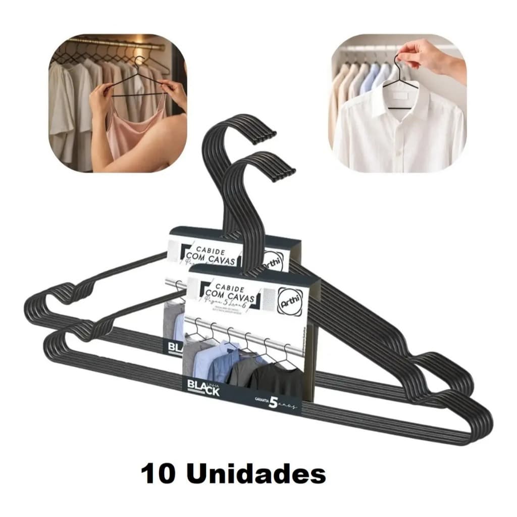 Kit Com 10 Cabides Arthi Tintureiro Linha Black Com Cavas