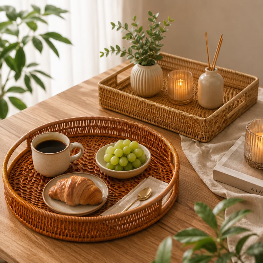 Bandeja de Servir Multiuso Retangular e Redonda Vime Pvc Organizadora Decorativa Café Mesa Posta Sala